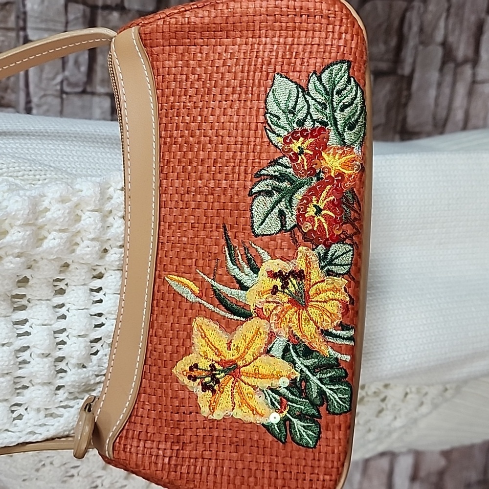 Etinne Aigner Floral Embroidered Tan and Orange Women's Bag - Picture 2 of 8